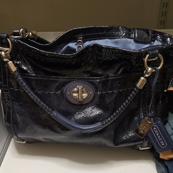 Coach Navy Blue Patent Leather Shoulder Bag with Textured Finish And Silver Acc. - Picture 1 of 10